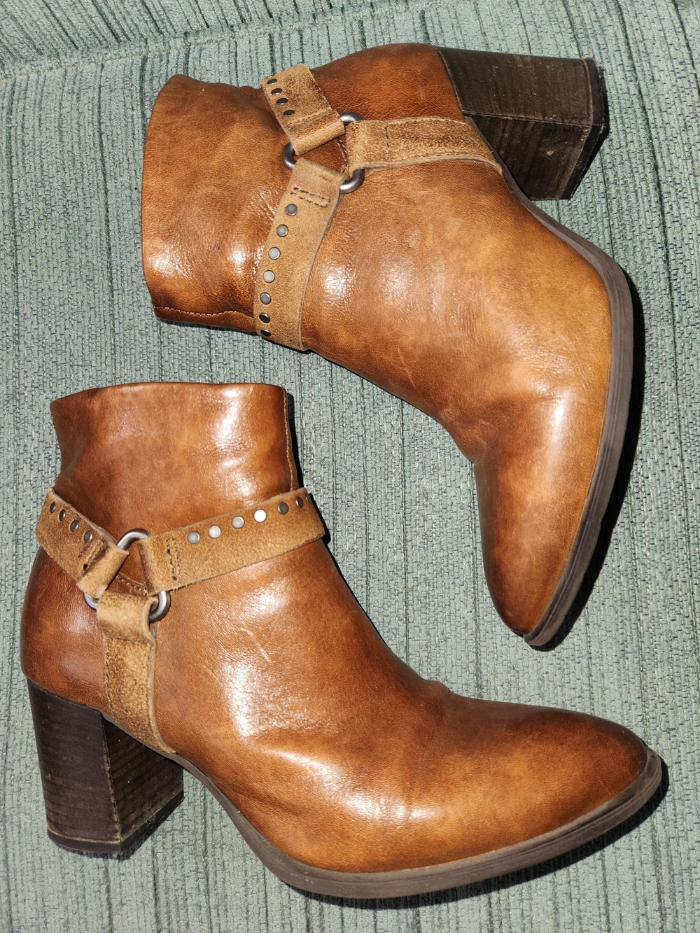 Women’s Brown Leather Ankle Booties with Studded Harness Strap